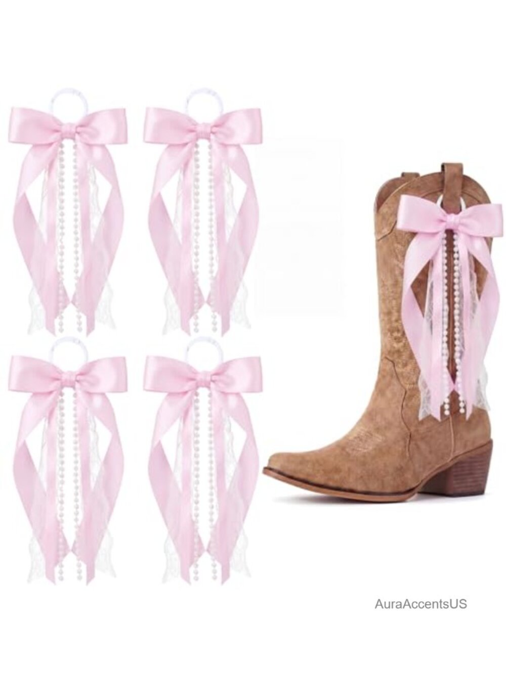 4 Pcs Boot Bows Beaded Ribbon Lace Elastic Clip Western Decor